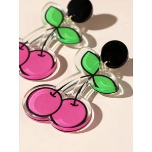Neon Dangling Cherry Earrings, Pink and Green Cute